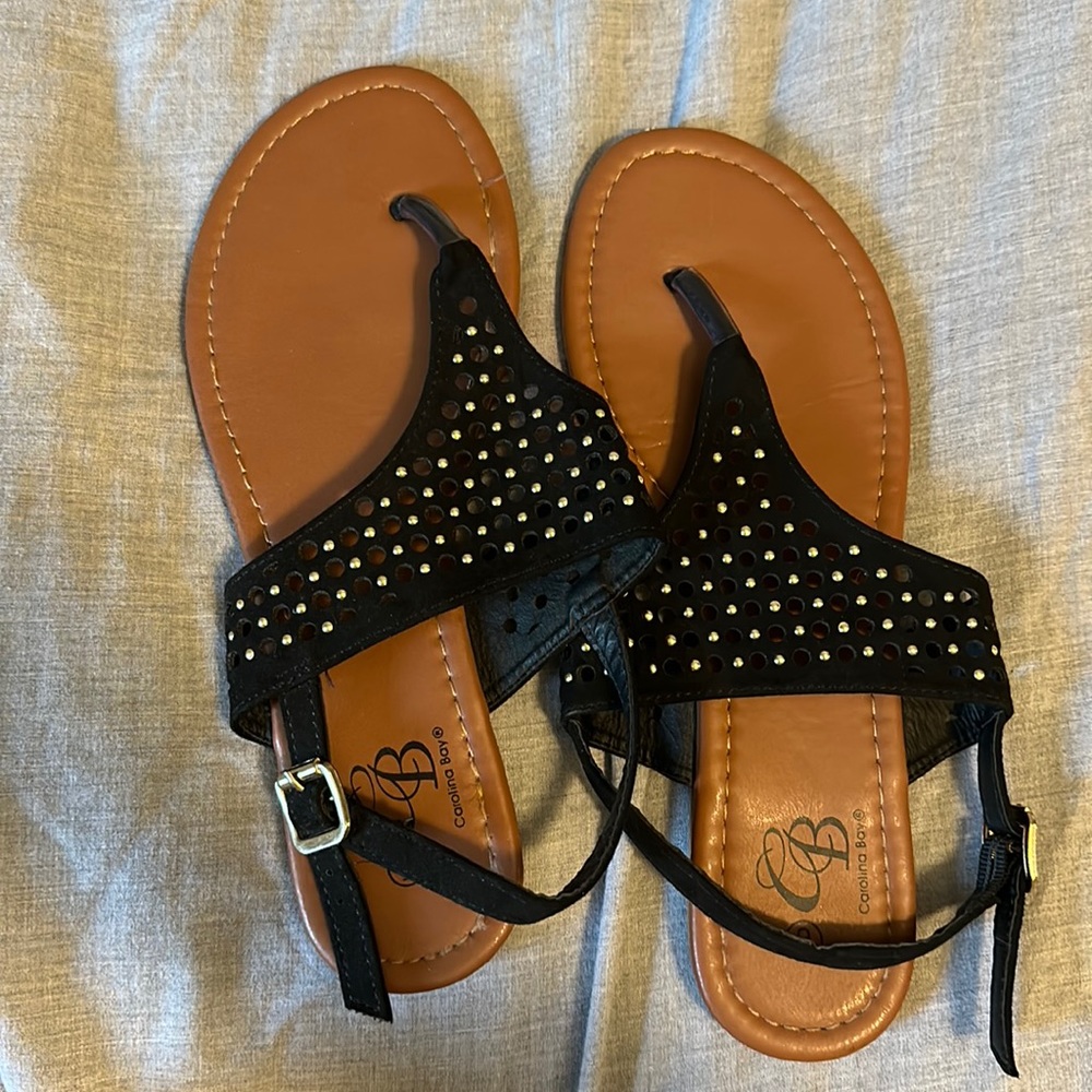 Carolina Bay cute black with gold sandals size 9!